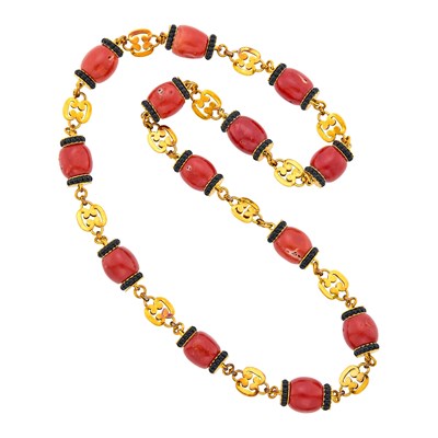 Lot 135 - Trio Long Gold, Coral and Black Onyx Bead Chain Necklace