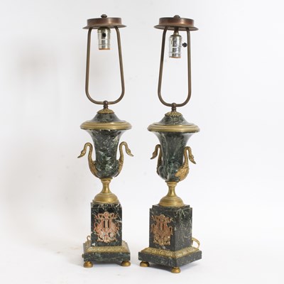 Lot 87 - Pair of Bronze and Marble Urn Form Lamps