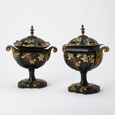 Lot 62 - Pair of Victorian Painted Tôle Chestnut Urns With Covers