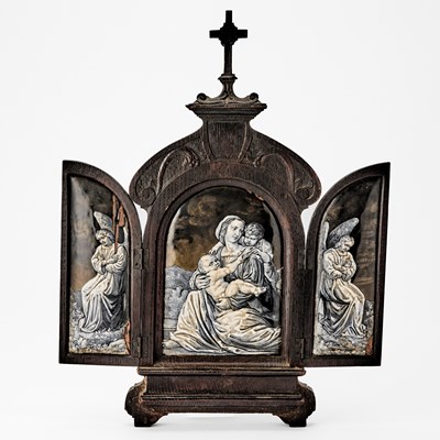 Lot 88 - French Gothic Style Oak and Limoges Enameled Triptych