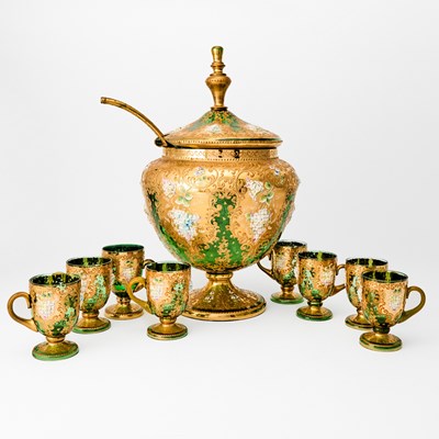 Lot 195 - Continental Blown and Enamel Decorated Glass Punch Set