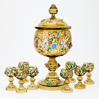 Lot 197 - Continental Blown and Enameled Decorated Punch Set