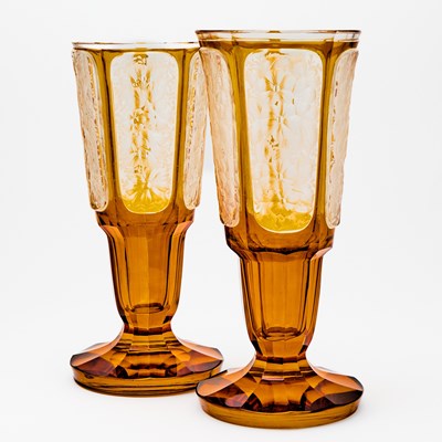 Lot 88 - Pair of Bohemian Wheel-Engraved Amber and Colorless Glass Vases