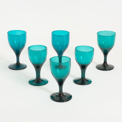 Lot 152 - Set of Six Teal Glass Cordials