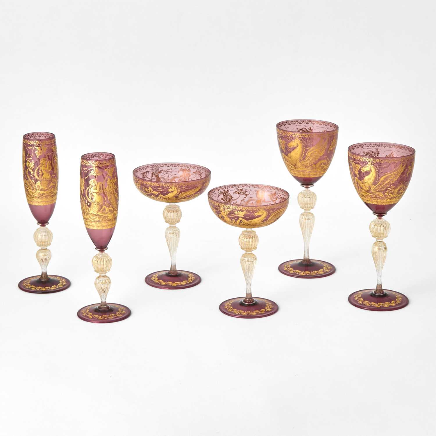 Lot 217 - Venetian Blown and Gilt Decorated Glass Partial Stemware Service