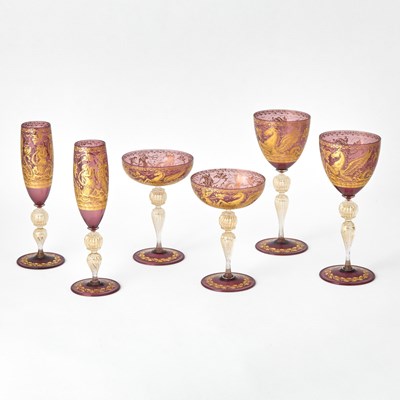 Lot 217 - Venetian Blown and Gilt Decorated Glass Partial Stemware Service