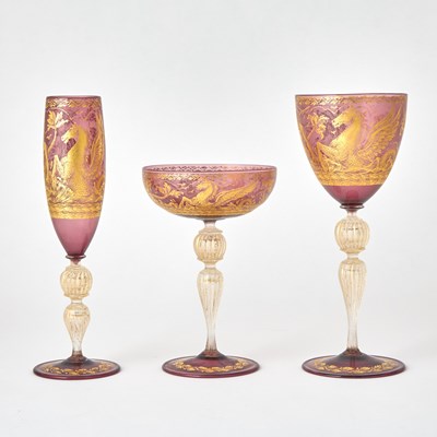 Lot 217 - Venetian Blown and Gilt Decorated Glass Partial Stemware Service