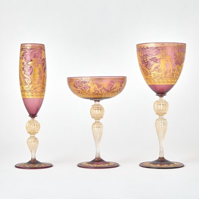 Lot 217 - Venetian Blown and Gilt Decorated Glass Partial Stemware Service