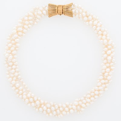 Lot 1008 - Multistrand Freshwater Pearl Torsade Necklace with Gold Bow Clasp