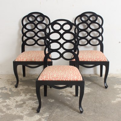 Lot 356 - Three Frances Elkins Style Black Painted Side Chairs