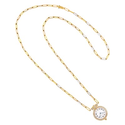 Lot 151 - Cartier Paris Tricolor Gold and Diamond Pendant-Watch Chain Necklace