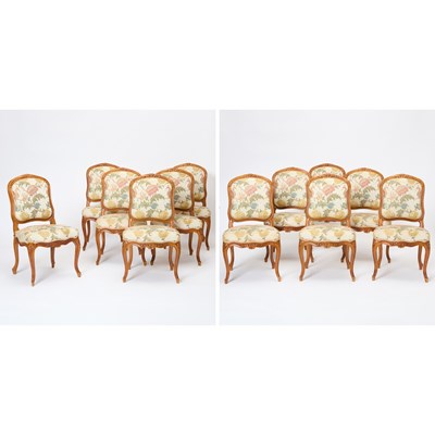 Lot 43 - Set of Twelve Louis XV Style Carved Beechwood Dining Chairs