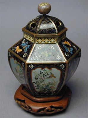 Lot 54 - Silvered-Copper Mounted Hexagonal Cloisonne...