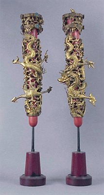 Lot 603 - Pair of Chinese Vermilion and Gilt-Wood Dragon...