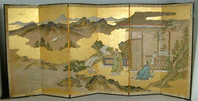 Lot 117 - Six-Fold Kano School Gold Paper Screen of...