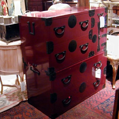 Lot 720 - Pair of Asian Wrought Iron Mounted Red...