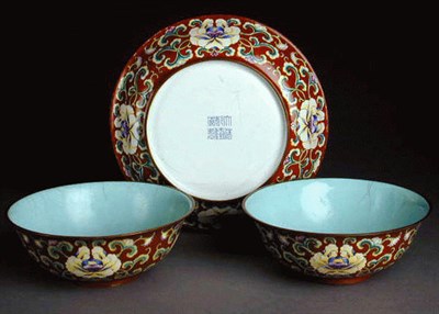 Lot 245 - Pair of Coral-Ground Painted Enamel Bowls and...