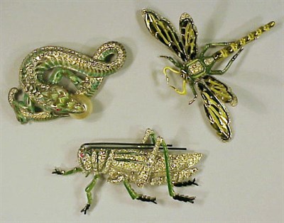 Lot 163A - Three Coro Insect Pins One snake with pearl,...