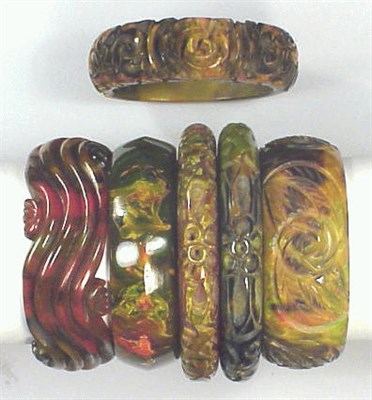 Lot 274 - Group of Six Bakelite End of Day Bracelets...