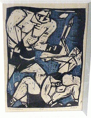 Lot 230 - Josef Zenk THE KNOCKDOWN Color woodcut, signed,...