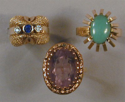Lot 107 - Three Gold and Stone Rings 14 kt. yellow gold,...