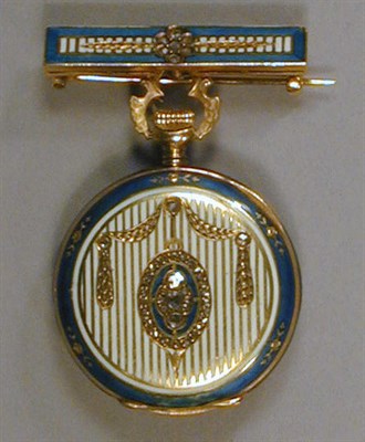 Lot 486 - Lady's Gold, Enamel and Diamond Lapel Watch...