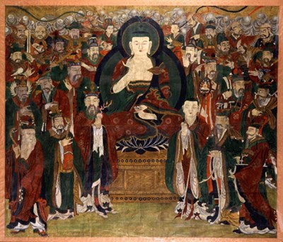 Lot 738 - Framed Painting of Buddha with Attendants,...