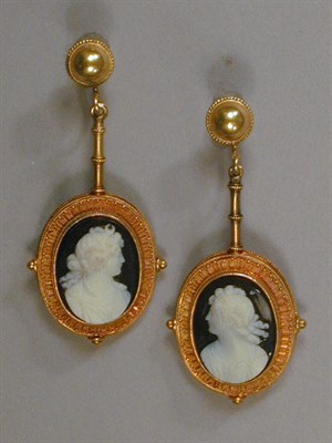 Lot 489 - Pair of Antique Sardonyx Cameo Ear Pendants 18...