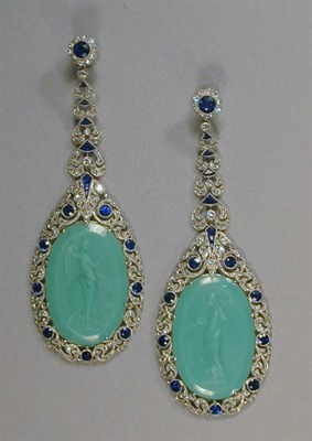 Lot 540 - Pair of Diamond and Sapphire Pendant Earrings...