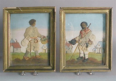 Lot 354 - Pair of Continental Painted Fabric Pictures...