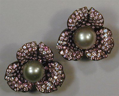 Lot 356 - Pair of Sapphire and Cultured Pearl Earrings...