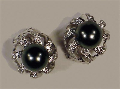 Lot 334 - Pair of Black Cultured Pearl and Diamond...