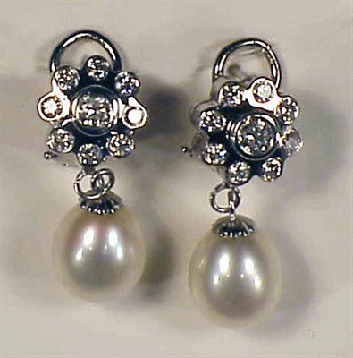 Lot 335 - Pair of White Cultured Pearl and Diamond...