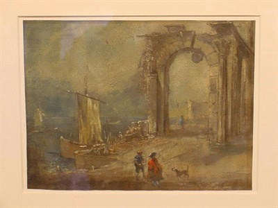 Lot 56 - Manner of Francesco Guardi RUINS BY A HARBOR...