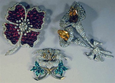 Lot 200 - Three Rhinestone Flower Pins Comprising a red...