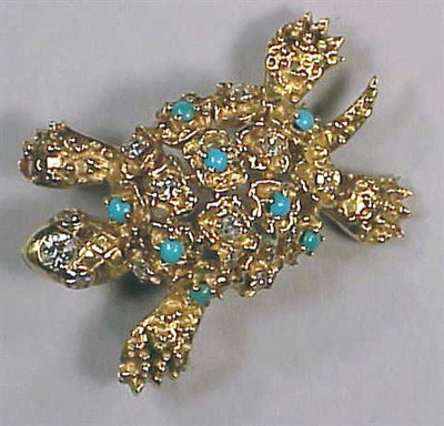 Lot 300 - Diamond and Turquoise Pin/Pendant 14 kt....