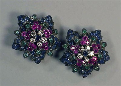 Lot 403 - Pair of Multicolored Stone and Diamond Flower...