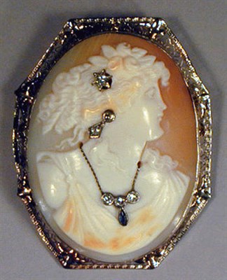 Lot 40 - Gold and Shell Cameo Pin The 14 kt. white gold...