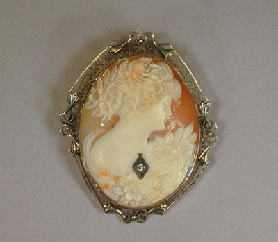 Lot 62 - Gold and Shell Cameo Pin The 14 kt. yellow...