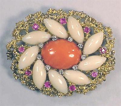 Lot 151 - Gold, Ruby and Coral Pin 18 kt. yellow gold,...