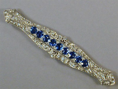 Lot 544 - Sapphire and Diamond Filigree Bar Pin Platinum,...