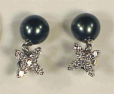 Lot 281 - Pair of Black Cultured Pearl and Diamond...