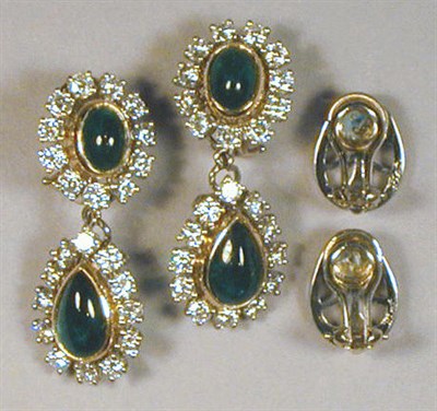 Lot 445 - Pair of Diamond and Cabochon Emerald Ear...