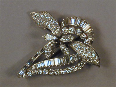 Lot 531 - Diamond Brooch Platinum, of stylized floral...