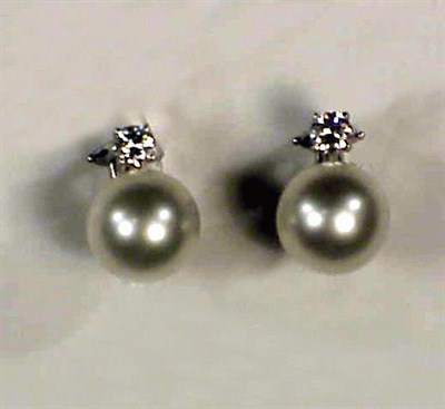 Lot 288 - Pair of Cultured Pearl and Diamond Earrings 18...
