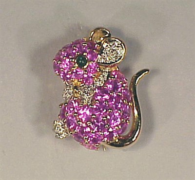 Lot 234 - Diamond and Pink Sapphire Mouse Pin 18 kt....