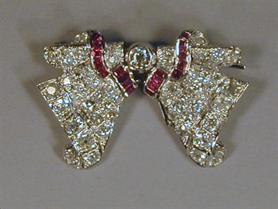 Lot 505 - Ruby and Diamond Double Clip Brooch Platinum,...