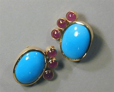 Lot 67 - Pair of Reconstructed Turquoise and Cabochon...