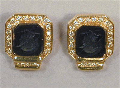Lot 123 - Pair of Black Onyx Intaglio and Diamond...