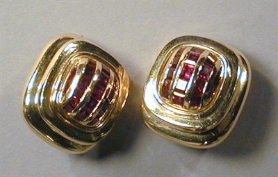 Lot 66 - Pair of Gold and Synthetic Ruby Earclips 14 kt....